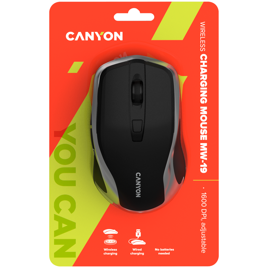 CANYON MW-19, 2.4GHz Wireless Rechargeable Mouse with Pixart sensor, 6keys, Silent switch for right/left keys,Add NTCDPI: 800/1200/1600, Max. usage 50 hours for one time full charged, 300mAh Li-poly battery, Black -Silver, cable length 0.6m, 121*70*39mm, 0.-photo 4