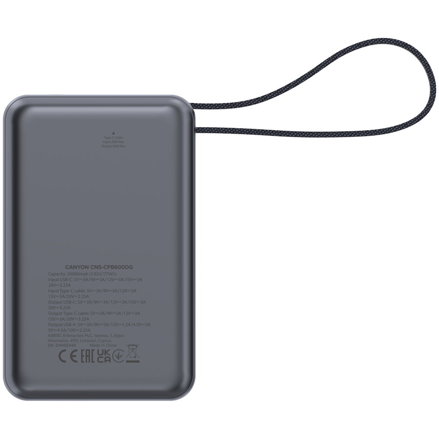 CANYON power bank OnPower 600 built-in cable 20000 mAh PD65W Dark Grey-photo 4
