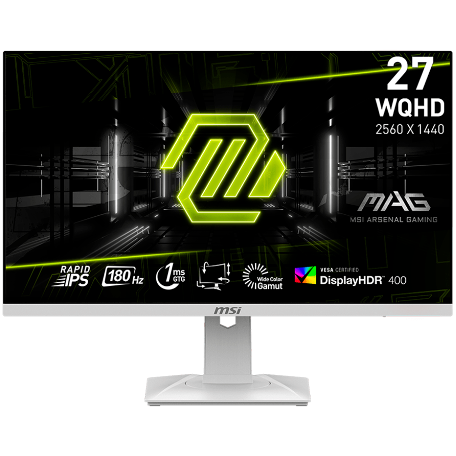 MSI MAG 274QRFW Gaming Monitor, 27" 180Hz, WQHD (2560x1440) 16:9, Rapid IPS Anti-glare, 1ms, 400nits, 1000:1, 178/178, AMD FreeSync, DisplayHDR 400, Adjustable Stand, 1x DP, 2x HDMI, 1x Headphone out, White, 3Y Warranty