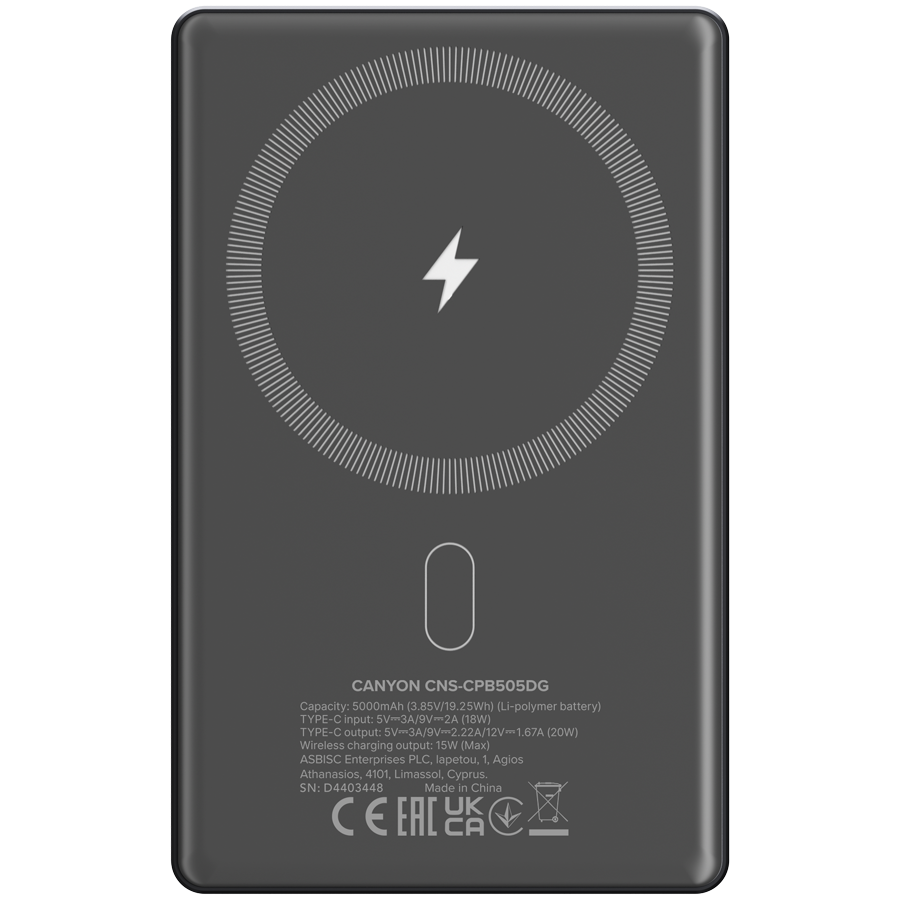 CANYON power bank OnPower 505 slim Magnetic 5000 mAh PD20W Dark Grey - Image 3