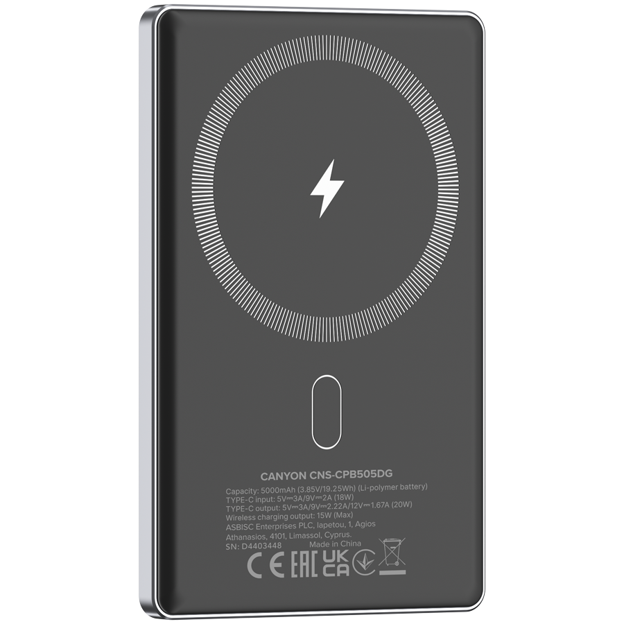 CANYON power bank OnPower 505 slim Magnetic 5000 mAh PD20W Dark Grey - Image 4
