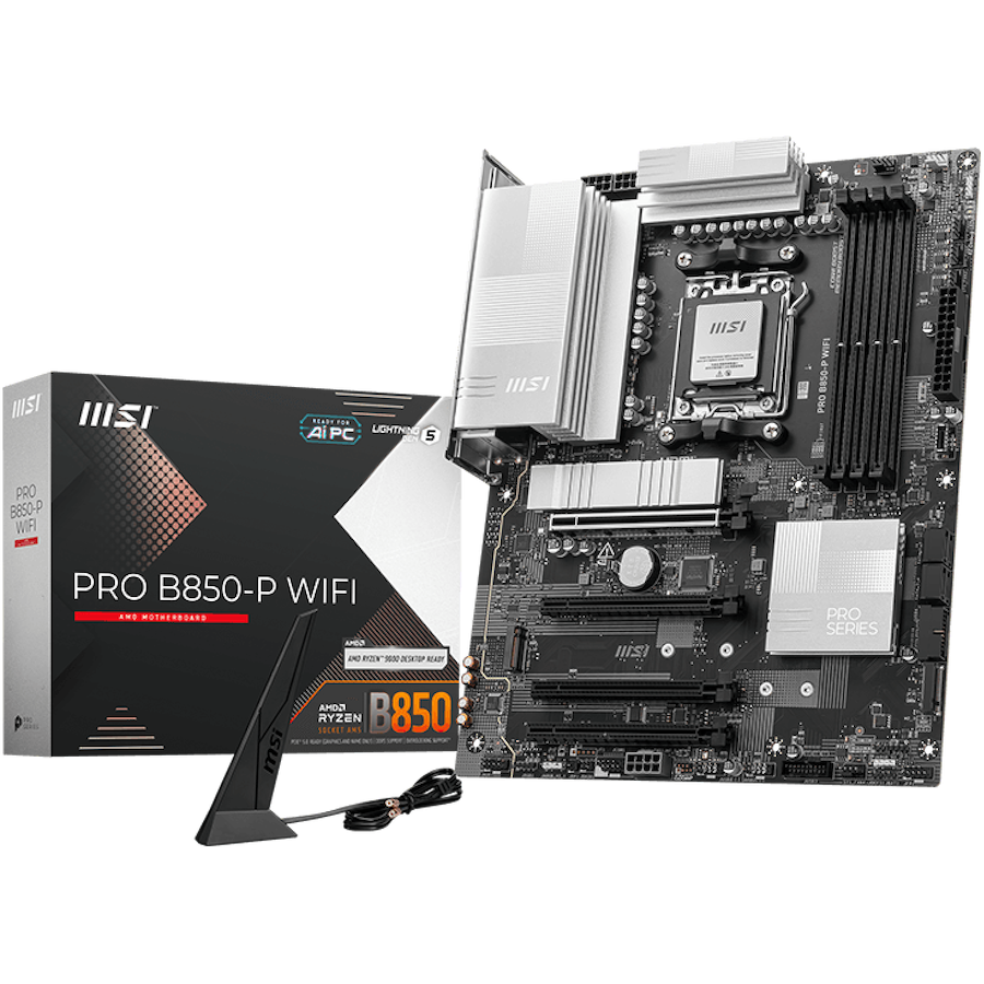 MSI PRO B850-P WIFI, ATX, Socket AM5, 4x DDR5 Dual Channel DDR5 up to 8200(OC)MHz, 4x PCIe 3.0 16 slots, 3x M.2 slots, 4x USB 2.0, 1x USB 5Gbps, 1x USB 10Gbps, 2x USB 10Gbps Type-C, HDMI, 7.1 HD Audio, 5G LAN, WiFI 7, BT, 3Y