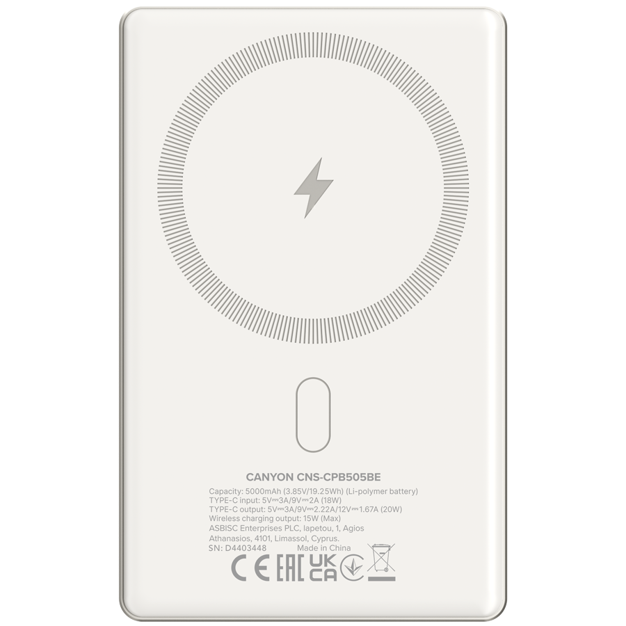 CANYON power bank OnPower 505 slim Magnetic 5000 mAh PD20W Beige - Image 3