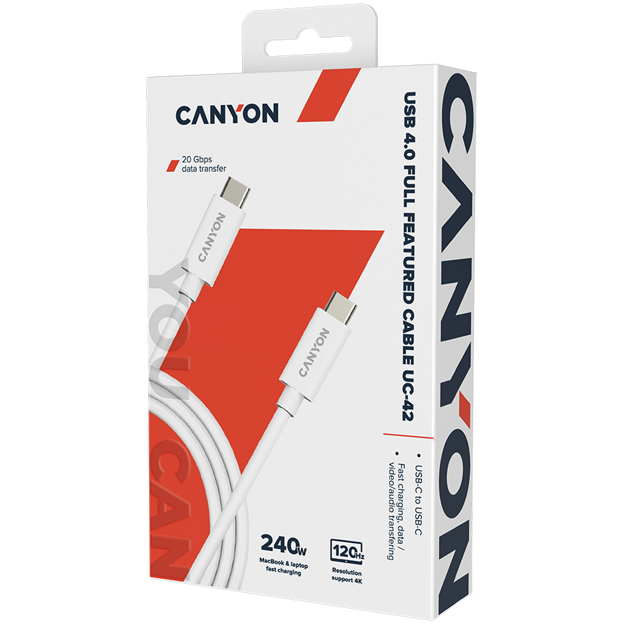 CANYON UC-42, cable, U4-CC-5A2M-E, USB4 TYPE-C to TYPE-C cable assembly 20G 2m 5A 240W(ERP) with E-MARK, CE, ROHS, white-photo 1