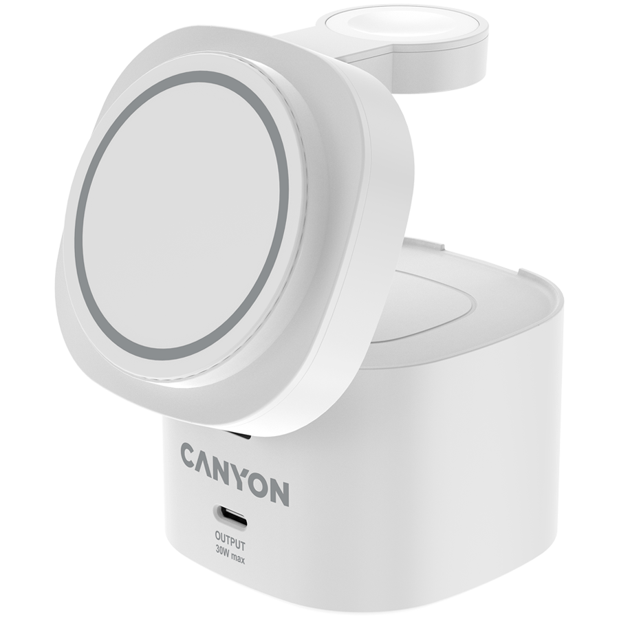 Canyon 4 in 1 Wireless Charging Stand, 30W max, Size: 70x70x70.3mm, weight: 414g, with 65W charger and 1M cable, white-photo 1
