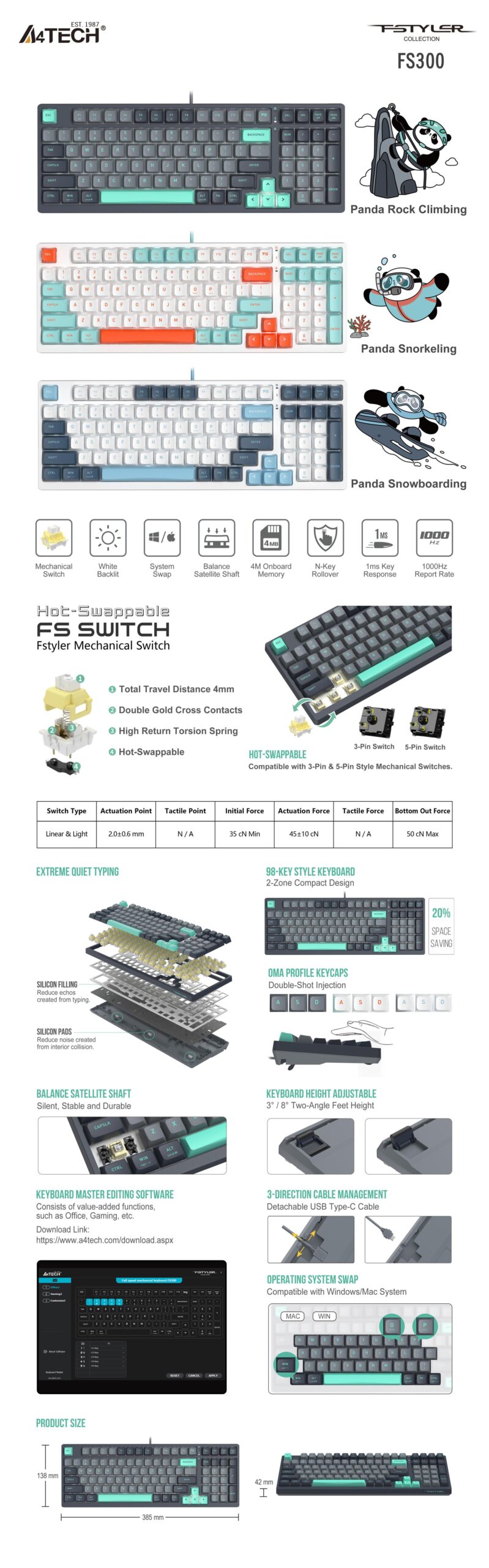 A4tech Fstyler FGS300 Panda Rock Механична TKL кирилизирана - Image 4