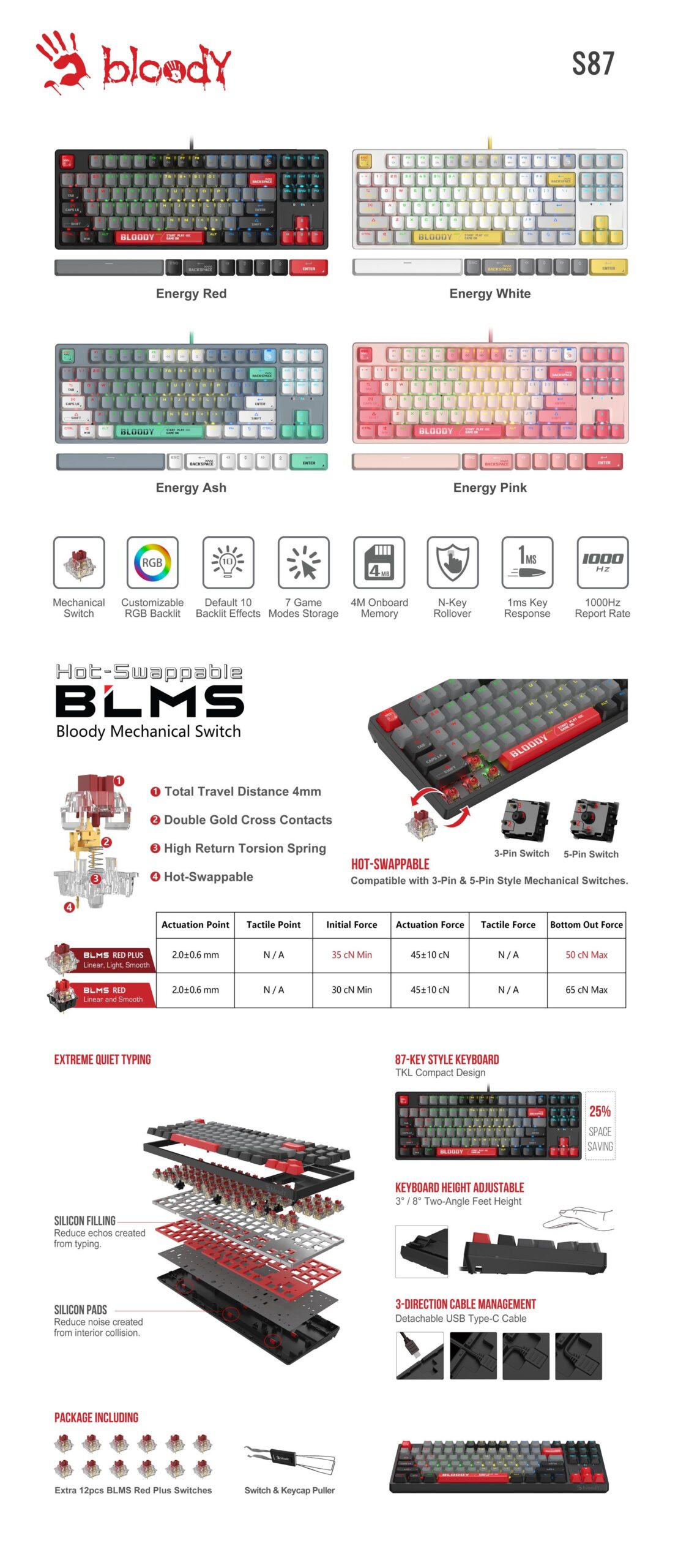 А4tech Геймърска механична клавиатура Bloody Energy Pink S87 BLMS TKL RGB Backlit red switch , USB - Image 4