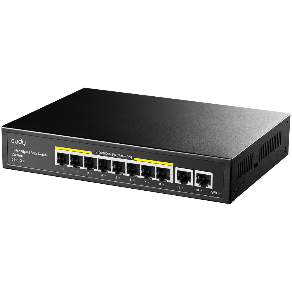 Суич Cudy GS1010PE, 8 портов, 10/100/1000, PoE 120W, 2 x Uplink порта - GS1010PE