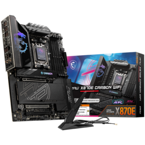 MSI MPG X870E CARBON WIFI, ATX, Socket AM5, 4x DDR5 Dual Channel DDR5 up to 8400(OC)MHz, 3x PCIe 3.0 x16 slot, 4x M.2 slot, 9x USB 10Gbps, 2x 10Gbps Type-C, 2x 40Gbps Type-C, HDMI, 7.1 HD Audio, 2.5+5G LAN, WiFI 7, BT, 3Y