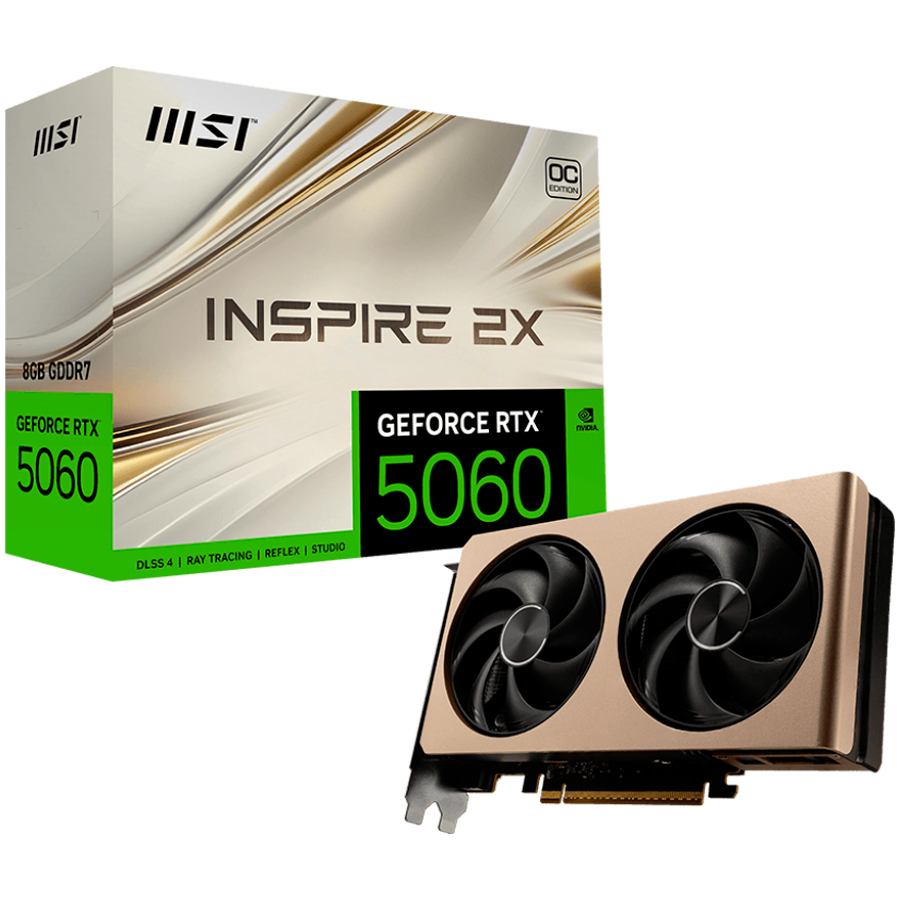 MSI Video Card NVIDIA GeForce RTX 5060 8G INSPIRE 2X OC, 8GB GDDR7, 128-bit, 2535 MHz Boost, 3840 CUDA Cores, PCIe 5.0 (x8), 3x DP 2.1b, HDMI 2.1b, RAY TRACING, Dual Fan, 145W TDP, 8-pin PCIe Power, G-SYNC, 2-Slot, 3Y