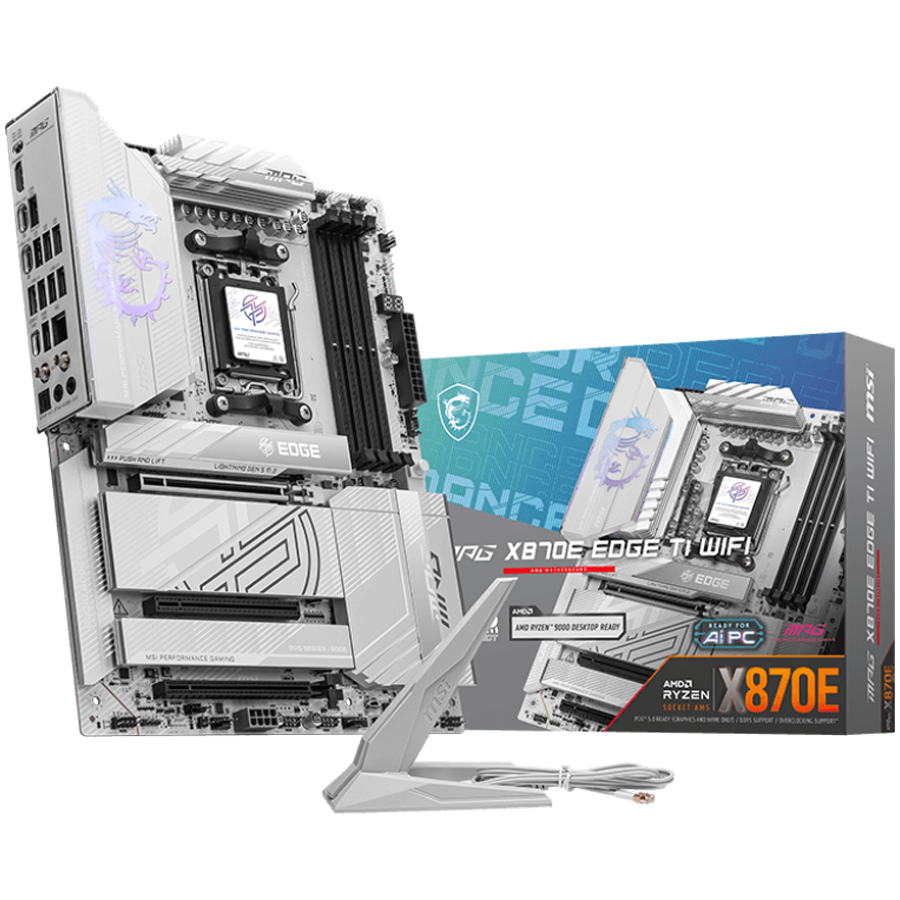 MSI MPG X870E EDGE TI WIFI, ATX, Socket AM5, 4x DDR5 Dual Channel DDR5 up to 8400(OC)MHz, 3x PCIe 3.0 x16 slot, 4x M.2 slot, 4x USB 2.0, 5x USB 10Gbps, 1x 10Gbps Type-C, 1x 40Gbps Type-C, HDMI, 7.1 HD Audio, 5G LAN, WiFI 7, BT, 3Y
