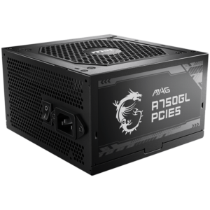 MSI MAG A750GL PCIE5, 750W, 80 Plus Gold, ATX Form Factor, 100~240 Vac Input Voltage, 47Hz ~ 63Hz Input Frequency, 120 mm Fan, 140 x 150 x 86mm, Active PFC, OCP, OVP, OPP, OTP, SCP, UVP, ATX, 2xEPS, 4XPCi-E, 8xSATA, 4xMOLEX, 1xFDD, 7Y