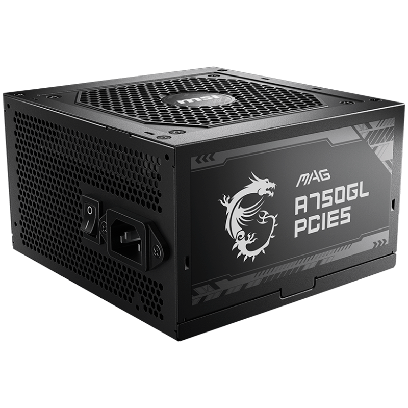 MSI MAG A750GL PCIE5, 750W, 80 Plus Gold, ATX Form Factor, 100~240 Vac Input Voltage, 47Hz ~ 63Hz Input Frequency, 120 mm Fan, 140 x 150 x 86mm, Active PFC, OCP, OVP, OPP, OTP, SCP, UVP, ATX, 2xEPS, 4XPCi-E, 8xSATA, 4xMOLEX, 1xFDD, 7Y