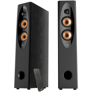 F&D T-60X PRO 2.0 Floorstanding Speakers, 120W RMS ( 60Wx2), 1'' Tweeter + 4'' Speakers x2 + 8'' Subwoofer for each channel, BT 5.3/Optical/COAXIAL/AUX/USB/Karaoke function/LED Display/Remote control/Microphone/Wooden, Touch buttons, Black