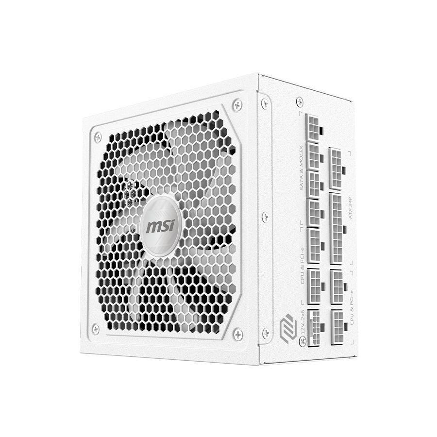 MSI MAG A1000GL PCIE5 WHITE, 1000W, 80 PLUS Gold, 135mm FDB Fan, Protections: OCP/OVP/OPP/OTP/SCP/UVP, Active PFC Design, Flat Cables, Dimensions: 150mmx150mmx86mm, White, 7Y Warranty