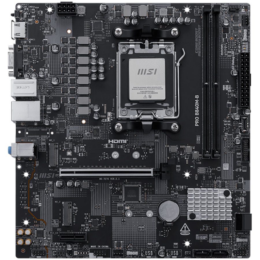 MSI PRO B840M-B, mATX, Socket AM5, 2x DDR5 Dual Channel DDR5 up to 8000(OC)MHz, 1x PCIe x16 slot, 2x M.2 slot, 2x USB 2.0, 4x USB 5Gbps, HDMI, VGA, 7.1 HD Audio, 2.5G LAN, 3Y - Image 2