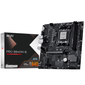 MSI PRO B840M-B, mATX, Socket AM5, 2x DDR5 Dual Channel DDR5 up to 8000(OC)MHz, 1x PCIe x16 slot, 2x M.2 slot, 2x USB 2.0, 4x USB 5Gbps, HDMI, VGA, 7.1 HD Audio, 2.5G LAN, 3Y