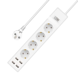 Удължител , 4 гнезда, 250V, 16A, Кабел, 3m, 4 x USB F, С ключ, Бял - 17888