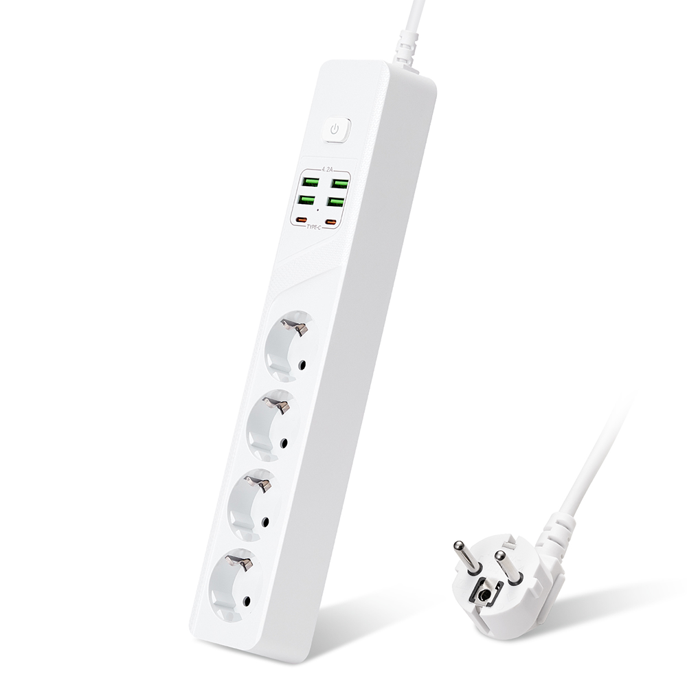Удължител , 4 гнезда, 250V, 10A, Кабел, 1.8м., 4 x USB-F, 2 x USB-C, С ключ, Бял - 17968