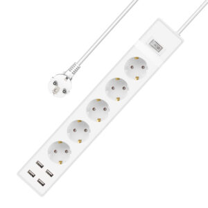 Удължител , 5 гнезда, 250V, 16A, Кабел, 3m, 4 x USB F, С ключ, Бял - 17890