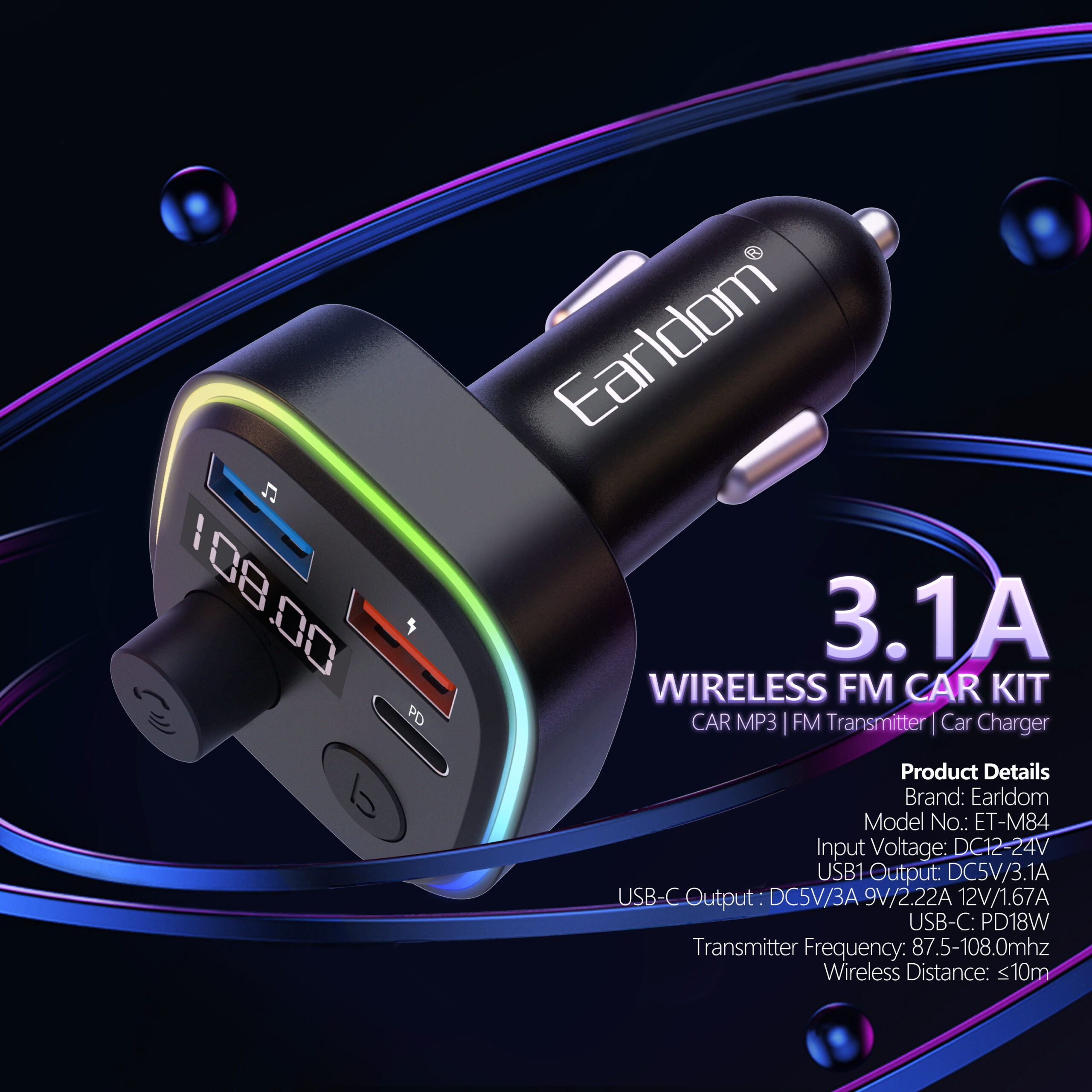 FM Трансмитер Earldom ET-M84, Bluetooth, USB, Type-C, PD, 3.1A, Черен - 17773 - Image 2
