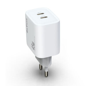 Мрежово зарядно устройство DeTech DE-PD, 45W, GaN, 2 x Type-C F, Бял - 40340