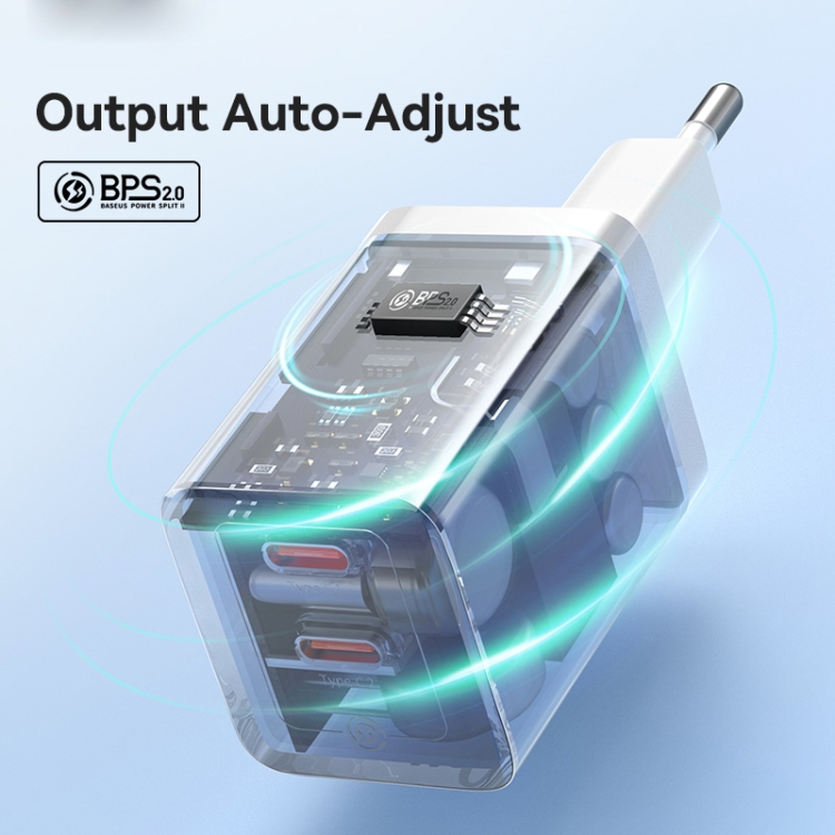 Зарядно устройство 220V Baseus 40W, 2xUSB-C, GaN 5 CCGP180102 - бяло - Image 4