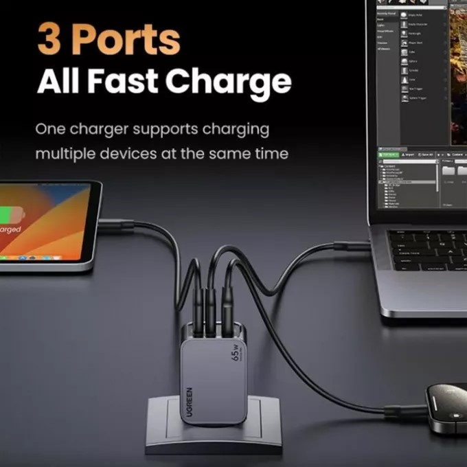 3-портово мини бързо зарядно устройство GaN Ugreen Nexode Pro 25871 220V 2xUSB-C, 1xUSB A, 65W - Image 2