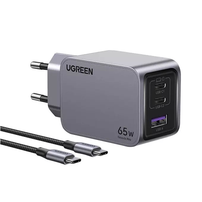 3-портово мини бързо зарядно устройство GaN Ugreen Nexode Pro 25871 220V 2xUSB-C, 1xUSB A, 65W