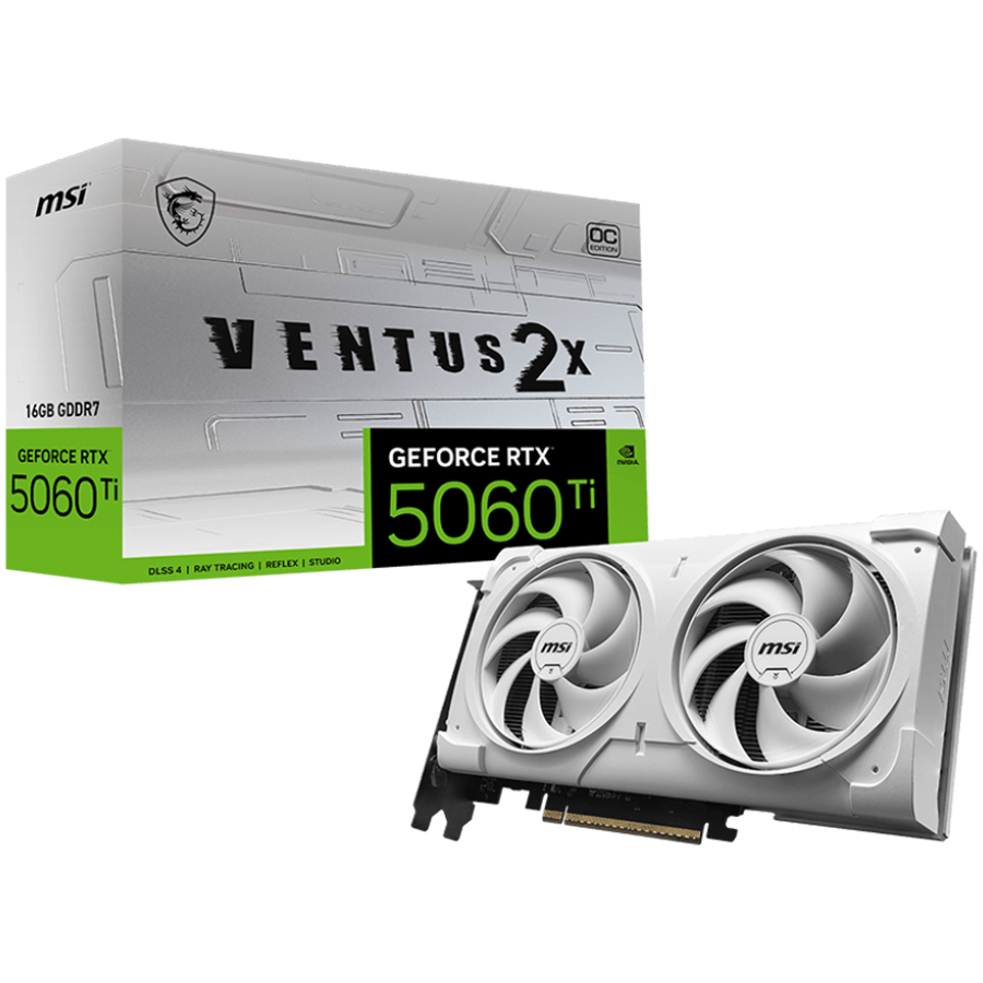 MSI Video Card NVIDIA GeForce RTX 5060 Ti 16G VENTUS 2X OC WHITE PLUS, 16GB GDDR7, 128-bit, 2602 MHz Boost, 4608 CUDA Cores, PCIe 5.0 (x8), 3x DP 2.1b, HDMI 2.1b, RAY TRACING, Dual Fan, 180W TDP, 8-pin PCIe Power, G-SYNC, 2-Slot, 3Y