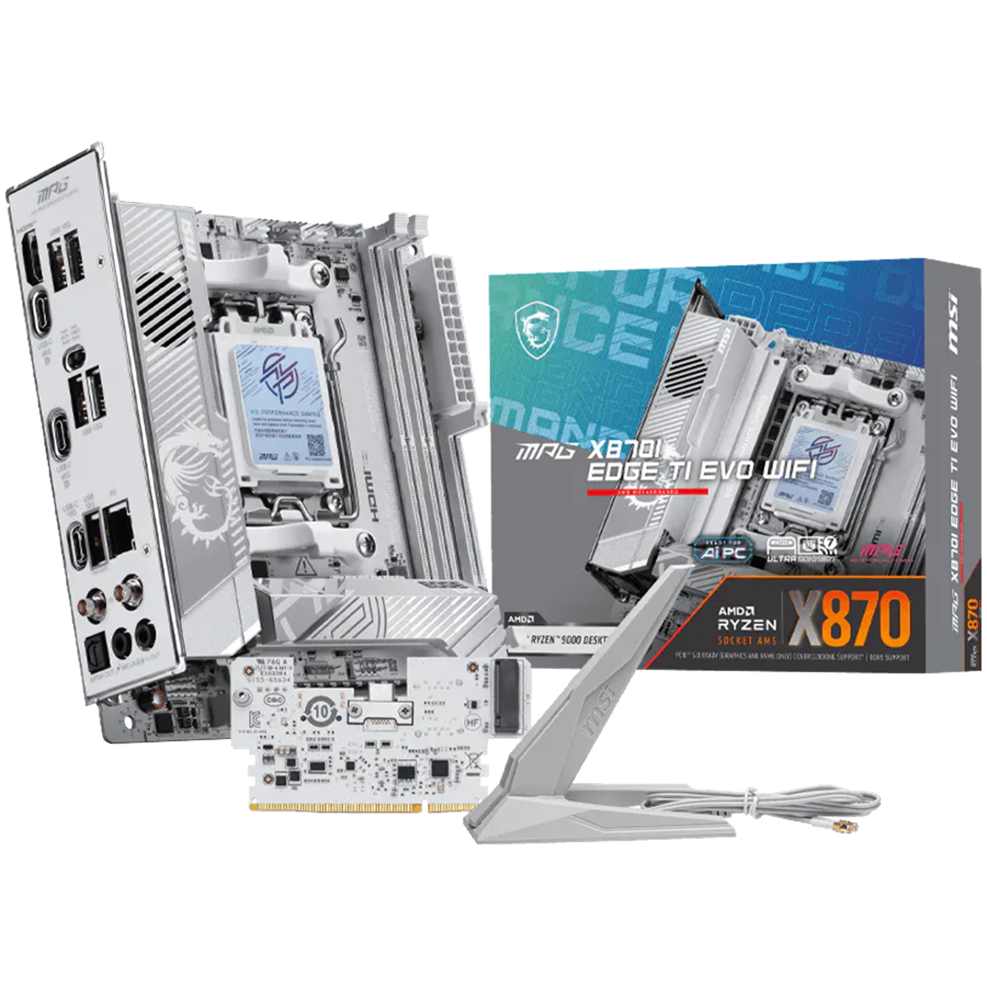 MSI MPG X870I EDGE TI EVO WIFI, mITX, Socket AM5, Dual Channel DDR5 10000+MHz (OC), 1x PCIe x16 slot, 3x M.2 slot, 1x HDMI, 5x USB 3.2 Gen 2, 1x USB 3.2 Gen 2 Type C, 2x USB 40Gbps Type C, Expansion Card, 7.1 HD Audio, 5Gbps LAN, WIFI 7, BT, 3Y