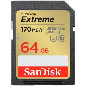 SANDISK Extreme 64GB SDXC Memory Card + 1 year RescuePRO Deluxe up to 170MB/s & 80MB/s Read/Write speeds, UHS-I, Class 10, U3, V30