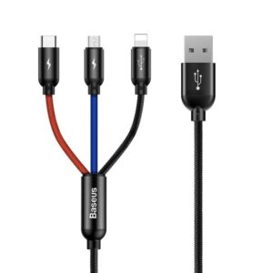 Кабел Baseus Rapid 3 в 1 USB-А към Type C/Lightning/MicroUsb, 3A, 1.2м, черен