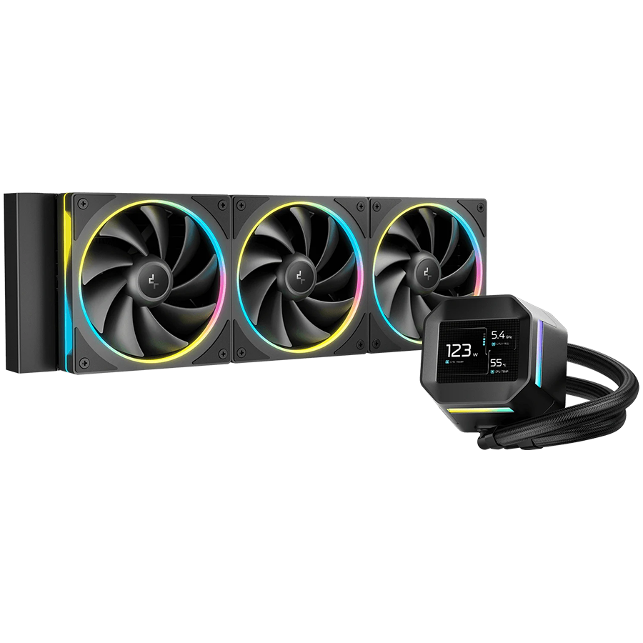 DeepCool LM360, 360mm CPU Liquid Cooler, 2.4" LCD screen, 3x120mm FL12 SE ARGB PWM Fans, Fluid Dynamic Bearing, Black, Intel LGA1851/1700/1200/1151/1150/1155, AMD AM5/AM4, R-LM360-BKDMMC-1, 3Y