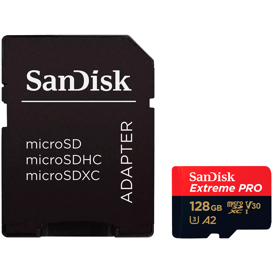 SANDISK Extreme PRO microSDXC 128GB + SD Adapter + 2 years RescuePRO Deluxe up to 200MB/s & 90MB/s Read/Write speeds A2 C10 V30 UHS-I U3