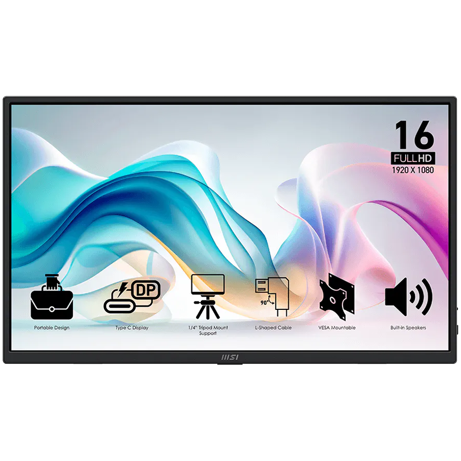 MSI PRO MP165 E6 Professional Business Portable Monitor, 15.6" 60Hz, FHD (1920x1080) 16:9, IPS Anti-glare, 4ms, 250nits, 1000:1, 178/178, Tilt, Speakers, 2x Type-C, 1x HDMI, 3Y Warranty