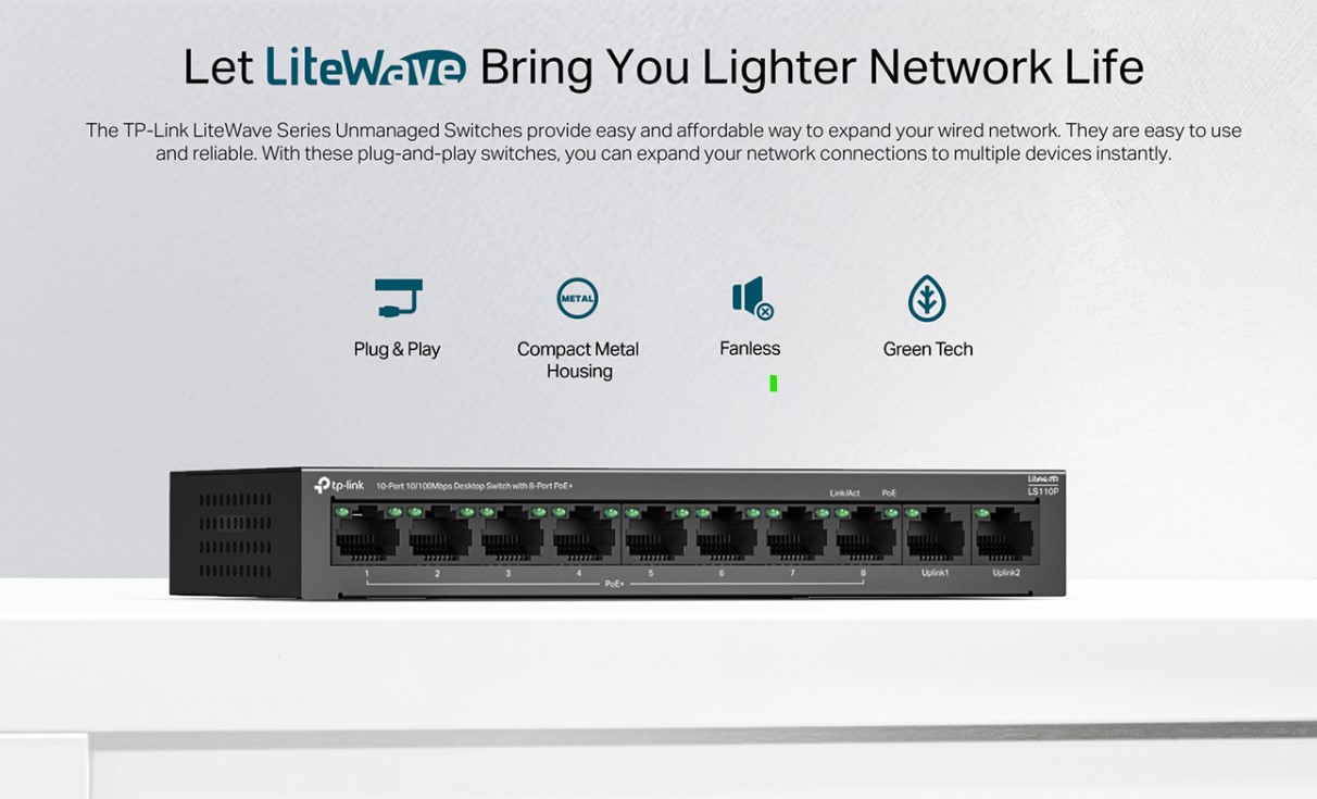 10-портов 10/100Mbps настолен комутатор TP-Link LS110P с 8 PoE+ порта (v) - Image 3