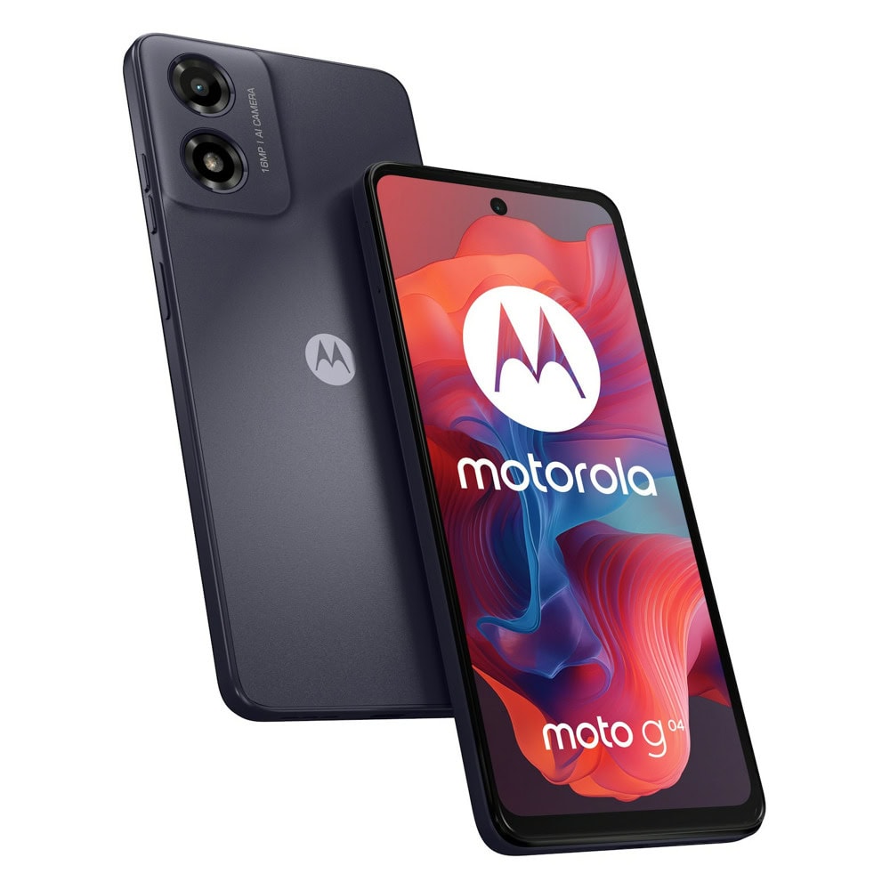 Смартфон Motorola Moto G04 (черен), поддържа 2 SIM карти, 6.56" (16.66cm) IPS 90Hz дисплей, осемядрен Unisoc T606 1.6 GHz, 8GB RAM, 128GB Flash памет (+microSD слот), 16 & 5 Mpix камери, Android PB130022PL