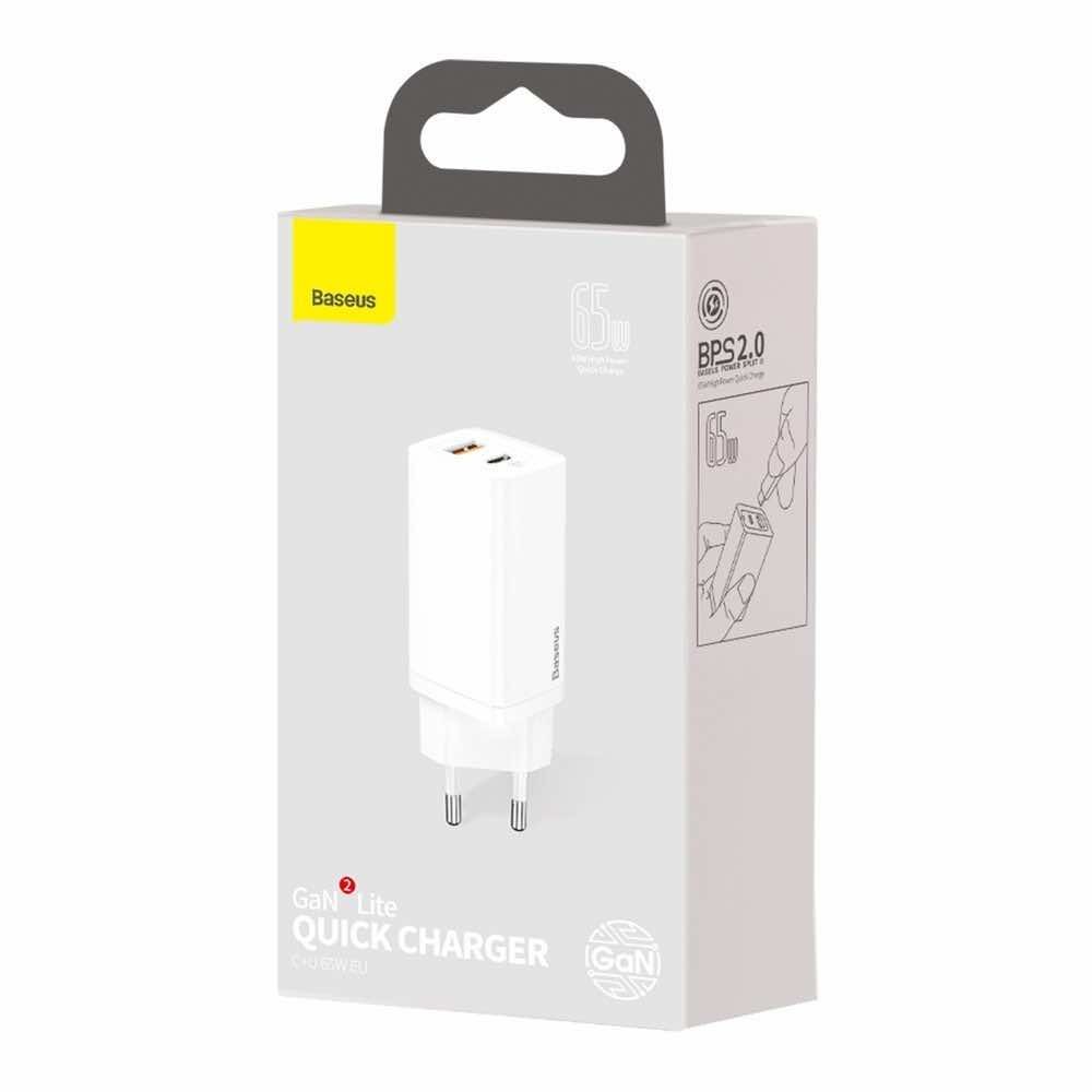 Зарядно устройство Baseus USB 65W + USB-C порт GaN2 Lite quick, бяло - Image 4