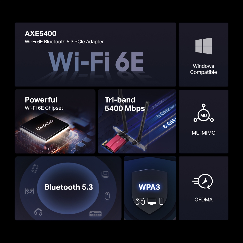 Безжичен Wi-Fi 6E Bluetooth 5.3 PCIe Адаптер Mercusys MA86XE AXE5400 - Image 3