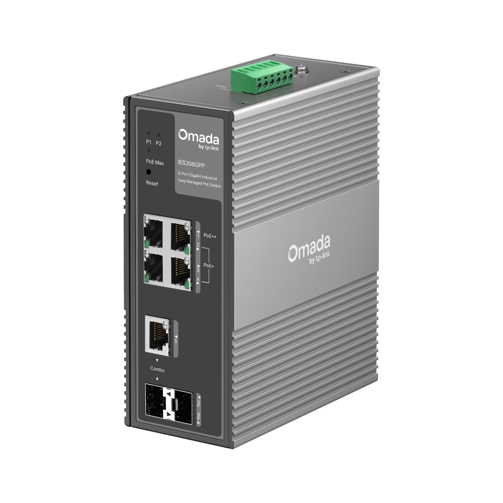 6-портов гигабитов индустриален лесно управляем комутатор TP-Link Omada IES206GPP с 3 PoE+ порта и 1 PoE++ порта