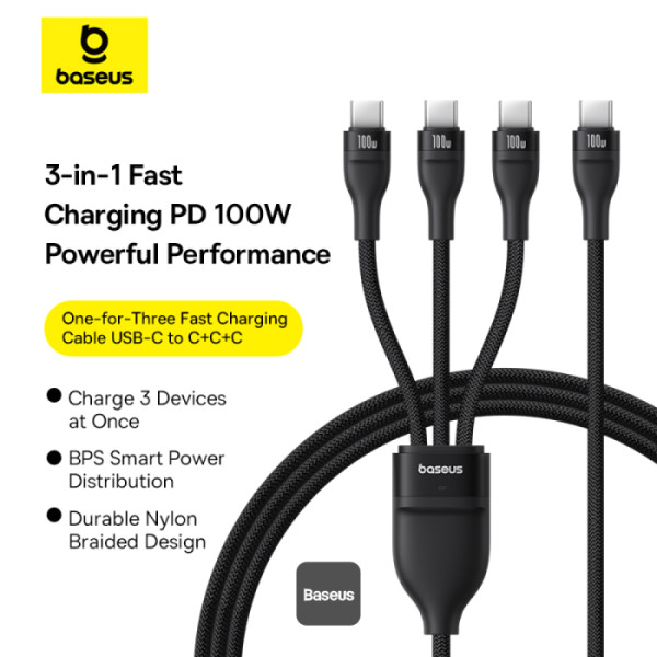 Кабел Baseus Flash Series Type-C към 3x USB-C, 100W, 1.5м P10377503111-00 - черен - Image 3