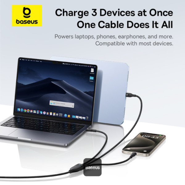 Кабел Baseus Flash Series Type-C към 3x USB-C, 100W, 1.5м P10377503111-00 - черен - Image 4