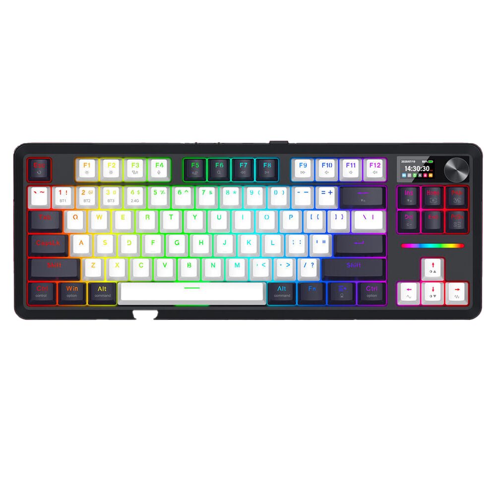 Bluetooth и безжична механична геймърска клавиатура Redragon Wildslash LCD Pro K746WB-RGB-PRO RGB осветление - черна с бяло