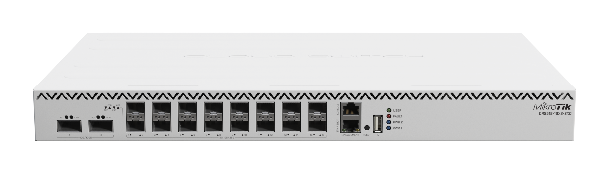 Комутатор MikroTik CRS518-16XS-2XQ-RM 2x 100 Gigabit QSFP28 порта и 16x 25 Gigabit SFP28 порта