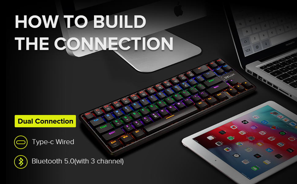 Клавиатура Delux KM32 механична геймърска USB Type-C/Bluetooth v5.0 Rainbow RGB LED - Image 3