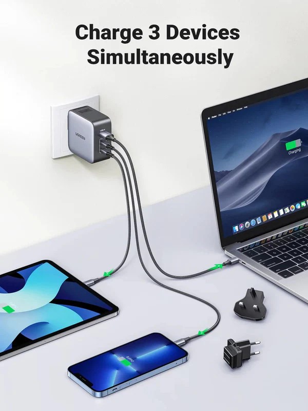 Зарядно устройство Ugreen CD296 90409, 220V 2xUSB C,1xUSB,65W, с адаптери за US,UK,EU - Image 3