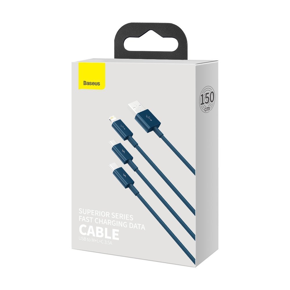Кабел Baseus Superior 3 в 1 USB-А към Lightning, micro USB и USB-С 3,5 A 1,5 м CAMLTYS-03 - син - Image 5