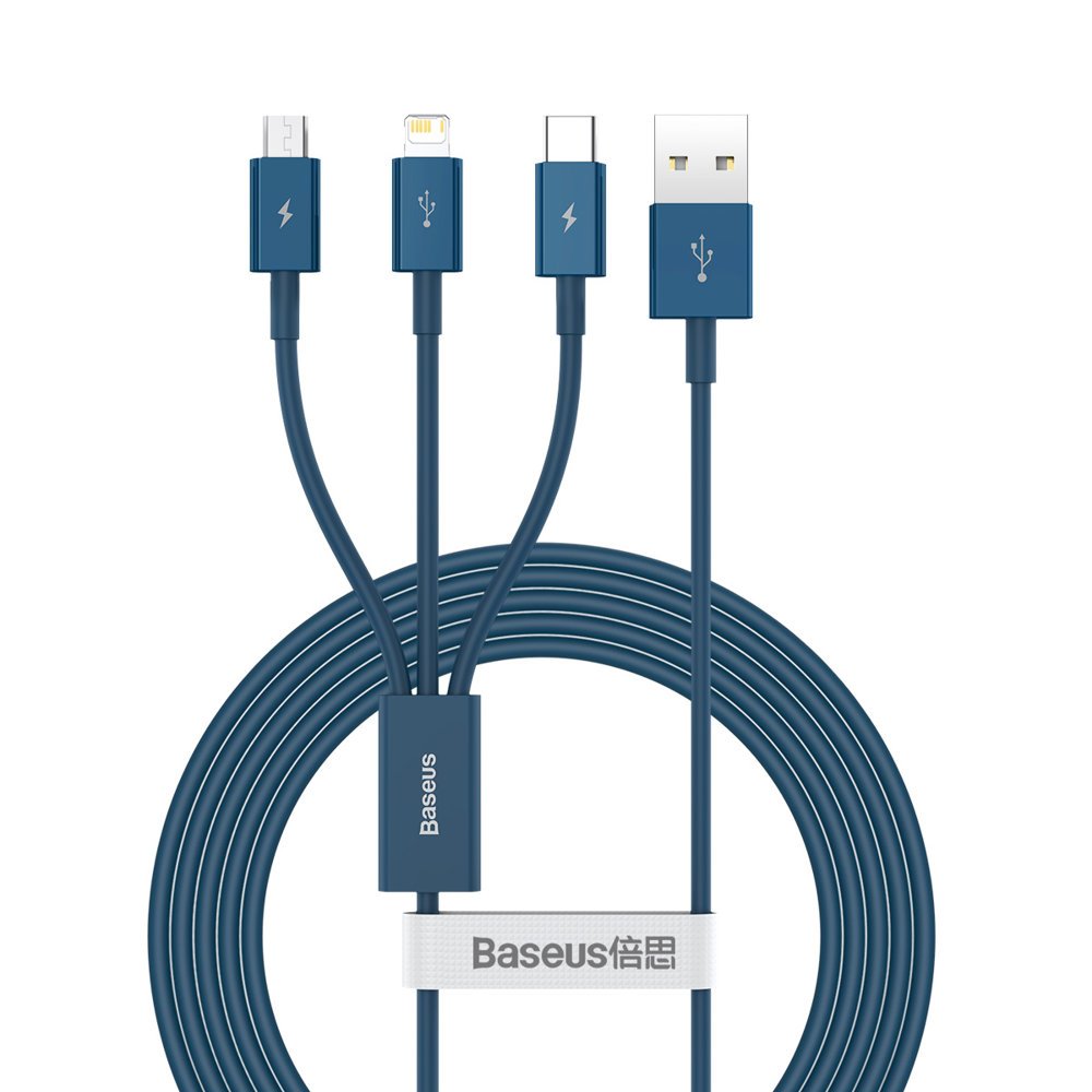 Кабел Baseus Superior 3 в 1 USB-А към Lightning, micro USB и USB-С 3,5 A 1,5 м CAMLTYS-03 - син
