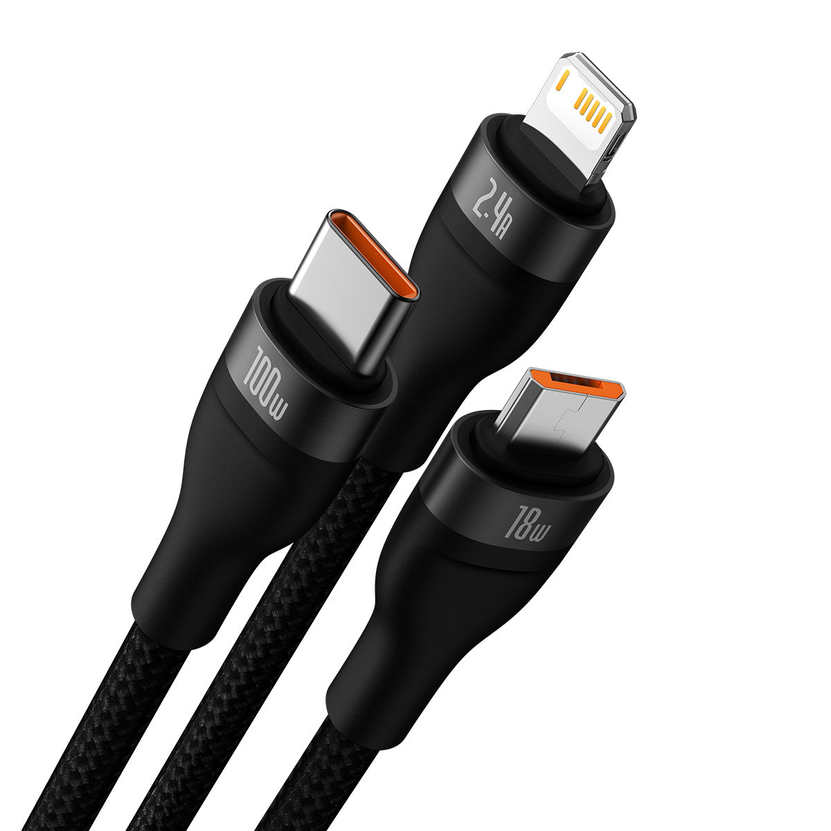 Кабел Baseus Flash Ⅱ USB-A към M+L+C 100W Fast Charging 1.2 м черен - Image 2